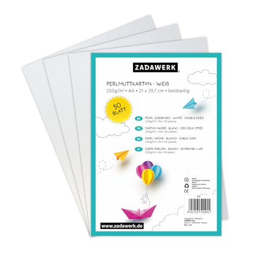 ZADAWERK® Perlmuttkarton - 250 g/m²- A4 - Weiß - 50 Blatt - Perlig schimmerndes dickes Dekorpapier zum Karten basteln und bedrucken - Hochzeit - Geburt von ZADAWERK