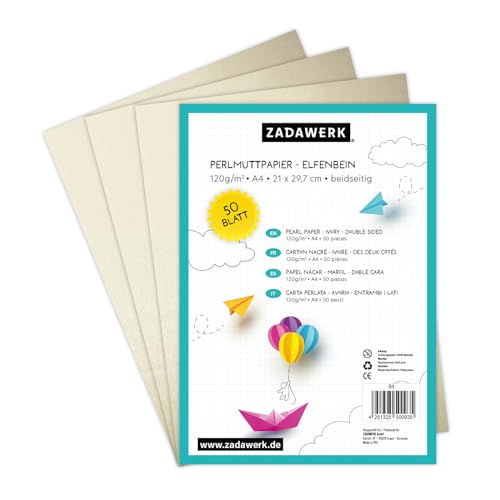 ZADAWERK® Perlmuttpapier - 120 g/m²- A4 - Elfenbein - 50 Stück - Bastelpapier - Briefpapier perlglanz schimmernd - bedruckbar - Tintenstrahl - Laserdrucker von ZADAWERK