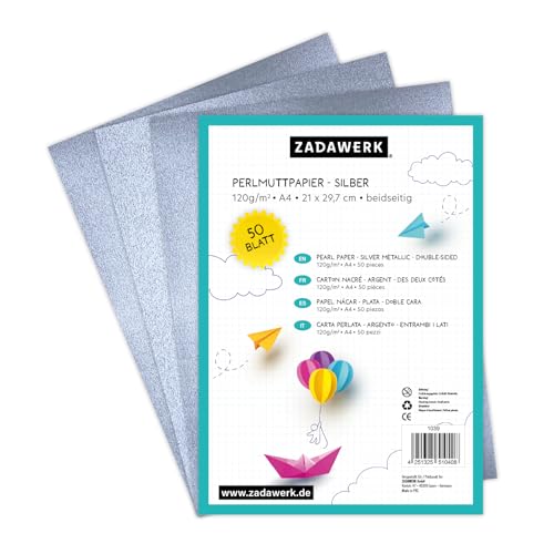 ZADAWERK® Perlmuttpapier - 120 g/m²- A4 - Silber - 50 Stück - Bastelpapier - Briefpapier silbrig schimmernd - bedruckbar - Tintenstrahl - Laserdrucker von ZADAWERK