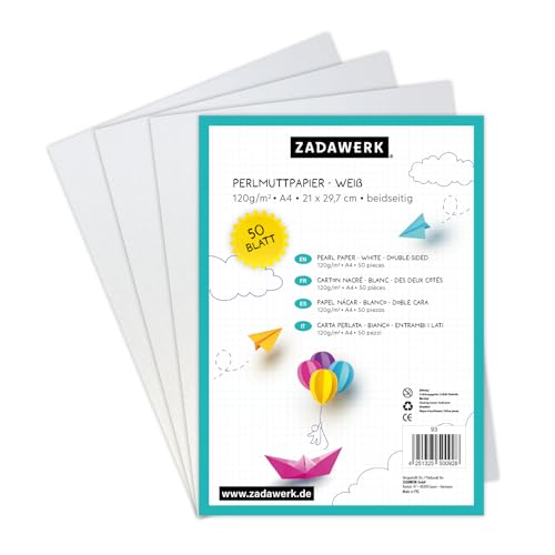 ZADAWERK® Perlmuttpapier - 120 g/m²- A4 - Weiß - 50 Stück - Bastelpapier - Briefpapier perlweiß schimmernd - bedruckbar - Tintenstrahl - Laserdrucker von ZADAWERK