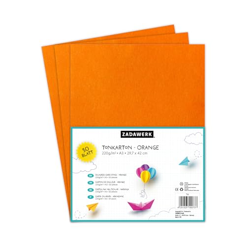 ZADAWERK® Tonkarton - 220 g/m² - DIN A3 - Orange - 50 Blatt - Bastelkarton - farbige Pappbögen zum Basteln - Tonzeichenpapier dick - 42x29,7 cm groß - Bedruckbar von ZADAWERK