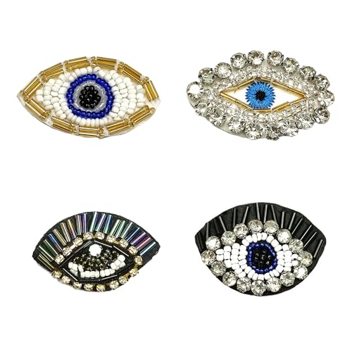 ZAHD 4 Stück Evil Eye Perlen Patch große Augen Perlen Patches für Kleidung Böses Auge Gesticktes Strass Patch Mit Bösen Augen Zum Aufnähen Bling Strass Applikation Für DIY Kleidung Hüte Tasche von ZAHD