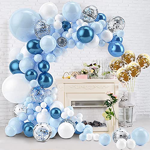 Luftballon Girlande, Ballon Girlande Kit, 112 Stück Macaron Blau Weiß Gold Silber Konfetti Metallic Blau Ballons, Latexballon für Party Geburtstag, Baby Shower, Kinder Hochzeit Dekorationen von ZAHRVIA