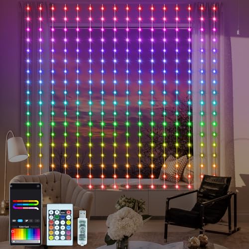 ZAIYW Smart Lichtervorhang RGB 5050 mit Integriertem Chip, 2,4M x 1,8M Vorhang Lichterkette Fernbedienung und APP Steuerung, USB 144 LED Lichterketten Vorhang für Party Hochzeit Innen Außen Deko von ZAIYW