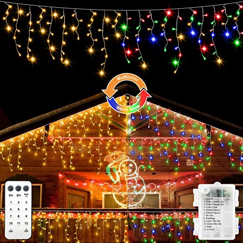 Weihnachts-Eiszapfen-Lichterkette, batteriebetrieben, Farbwechsel, 102 LED-Lichterketten mit Fernbedienung, wasserdicht, für Weihnachten, Hochzeit, Urlaub, Party, Dekoration (Warmweiß & Mehrfarbig) von ZAIYW