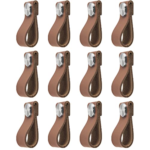 Möbelgriffe Karamellfarbe,12 Pack Ledergriff für Möbel,Einzelloch Lederschlaufe Schrankgriffe,60×26mm,Edelstahl Metallkopf Handgemachte Leder Griff Schubladengriffe Türgriffe Schrankknauf für Schränke von ZAKHS