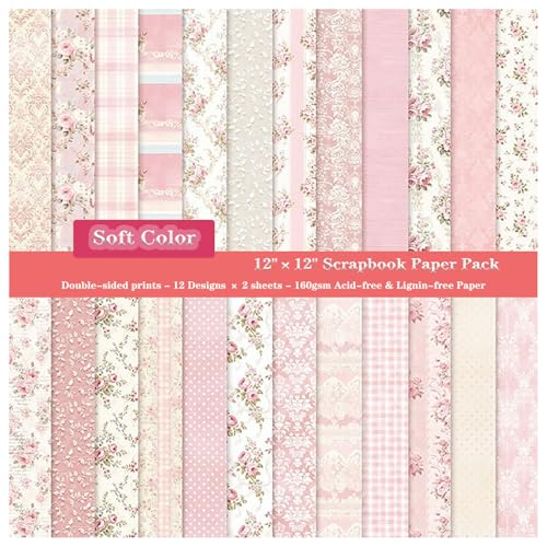 ZAKHSE Bastelpapier, 24 Blatt Motivpapier 30,5x30,5cm, Rosenblüte Muster Doppelseitig Bedruckt Designpapier, 160gsm Säurefrei Scrapbook Papierblock für DIY Kartengestaltung,12 Designs, 24 Motive von ZAKHSE