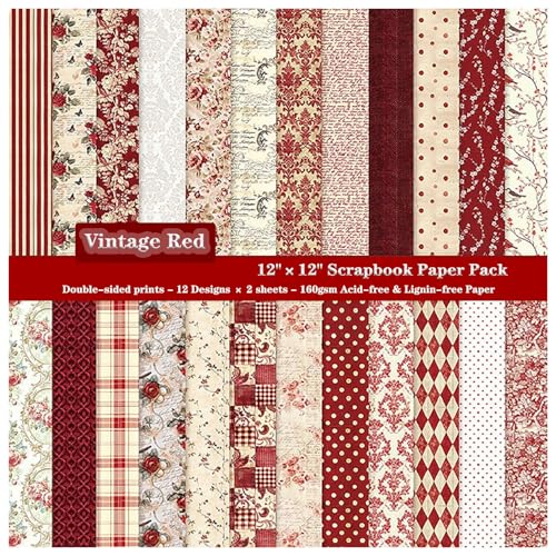 ZAKHSE Bastelpapier, 24 Blatt Motivpapier 30,5x30,5cm, Rot Blumen muster Doppelseitig Bedruckt Designpapier, 160gsm Säurefrei Scrapbook Papierblock für DIY Kartengestaltung,12 Designs, 24 Motive von ZAKHSE