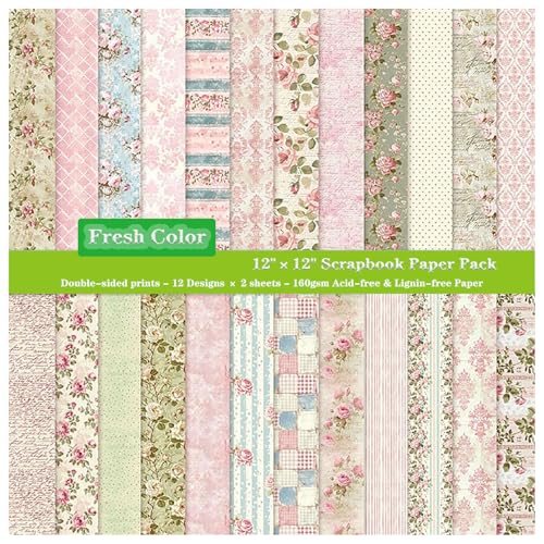 ZAKHSE Bastelpapier, 24 Blatt Motivpapier 30,5x30,5cm, Shabby Blumenmuster Doppelseitig Bedruckt Designpapier, 160gsm Säurefrei Scrapbook Papierblock für DIY Kartengestaltung,12 Designs, 24 Motive von ZAKHSE