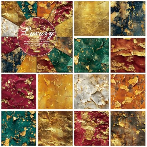 ZAKHSE Bastelpapier Einseitig Bedruckt, 48 Blatt Textur der Goldfolie Designpapier Motivpapier, 15,2x15,2cm Gemustert Scrapbook Papier für DIY Karten Gestalten Journal Zubehör, 12 Designs, Gold, Grün von ZAKHSE