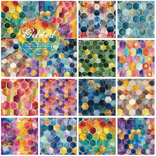 ZAKHSE Bastelpapier Einseitig Bedruckt, 48 Blatt Vergoldetes Gitter Motivpapier Farbig Designpapier, 15,2x15,2cm Gemustert Scrapbook Papier Block für DIY Karten Gestalten Journal Zubehör, 12 Designs von ZAKHSE