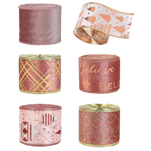 ZAKHSE Geschenkband, 6 Rollen Weihnachtsbänder Schleifenband, 6,3cm Einseitig Weihnachtsdruck Dekoband Glänzend, 13.14 Yards Stoffbänder für Geschenkverpackung Bogen Dekoration-Roségold/Rosa von ZAKHSE