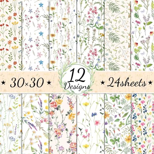 ZAKHSE Motivpapier 30x30cm, 24 Blatt Blumenmuster Designpapier Doppelseitig Bedruckt Scrapbook Papier Bastelpapier Bunt, 12 Designs, Farbige Design Papier für DIY Scrapbooking Kartengestaltung von ZAKHSE