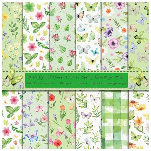 ZAKHSE Motivpapier 30x30cm, 24 Blatt Frühlingsmotive Designpapier Doppelseitig Bedruckt Blumen Schmetterlinge Grün Blätter Scrapbook Papier Bastelpapier Bunt für DIY Karten Gestalten-12 Designs von ZAKHSE