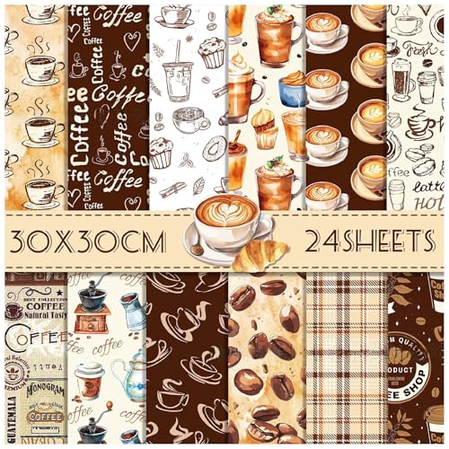 ZAKHSE Motivpapier 30x30cm, Kaffee Motive Scrapbook Papier, 24 Blatt Designpapier Doppelseitig Bedruckt Gemustertes Bastelpapier Braun Papierblock für Bastelprojekte DIY Karten Gestaltung-12 Designs von ZAKHSE