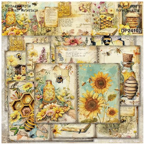 ZAKHSE Motivpapier Designpapier, 24 Blätter Bienen Sonnenblumen Design Papier Einseitig Bedruckt Scrapbook Papier, 21×14,5cm Herbst Bastelpapier DIY Kartengestaltung Scrapbook Zubehör-8 Muster von ZAKHSE