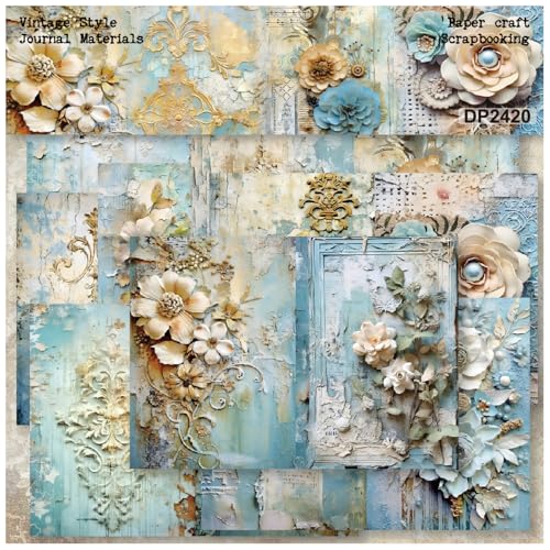 ZAKHSE Motivpapier Designpapier, 24 Blätter Gestickte Blumenmuster Design Papier Einseitig Bedruckt Scrapbook Papier, 21×14,5cm Bastelpapier DIY Kartengestaltung Scrapbook Zubehör-8 Muster- Blau von ZAKHSE