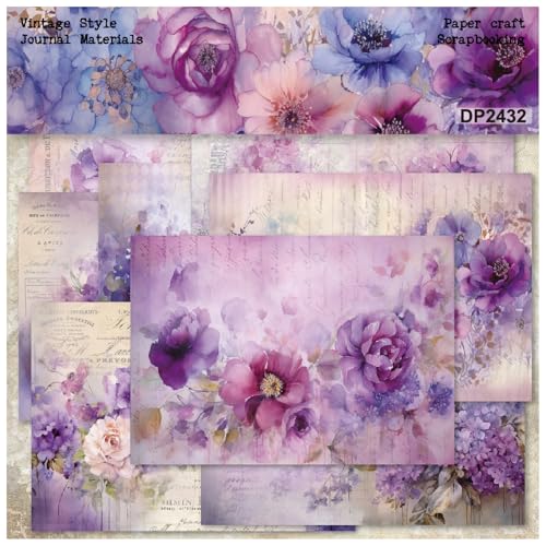 ZAKHSE Motivpapier Designpapier, 24 Blätter Lila Blüten Blumenmuster Design Papier Einseitig Bedruckt Scrapbook Papier, 21×14,5cm Bastelpapier DIY Kartengestaltung Scrapbook Zubehör-8 Muster von ZAKHSE