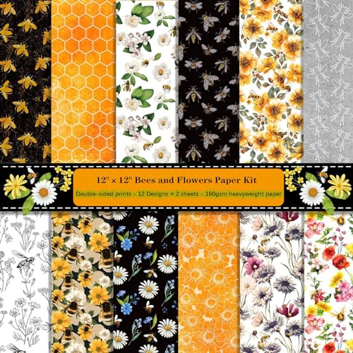 ZAKHSE Motivpapier Frühling,24 Blatt Designpapier 30,5x30,5cm,Honigbiene Honig Blumenmuster Scrapbook Papier Doppelseitig Bedruckt Bastelpapier Bunt Dekopapier für DIY Kartenherstellung-12 Designs von ZAKHSE