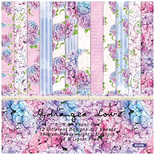 ZAKHSE Motivpapier Frühling,Bastelpapier 15,2×15,2 cm,Lila Rosa Hortensie Blumen Muster Papierblock,48 Blätter Einseitig Bedruckt Scrapbooking Papier Designpapier Foto Album Hintergründe Dekoration von ZAKHSE