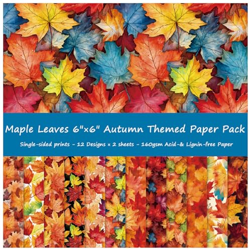 ZAKHSE Motivpapier Herbst, 48 Blätter Designpapier Farbige Ahornblätter Bastelpapier, 15,2x15,2cm Einseitige Bedruckt Scrapbook Papier Dekorpapier für Thanksgiving Basteln Handwerk-12 Designs von ZAKHSE