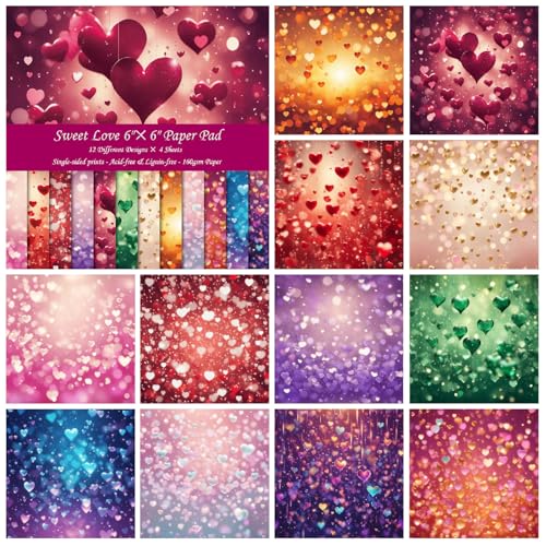 ZAKHSE Motivpapier Valentinstag, 48 Blatt Designpapier Farbig Liebe Herz Motive 15,2x15,2cm Einseitig Bedruckt Scrapbook Papier, 12 Designs, 160gsm Bastelpapier Muster für Scrapbook Kartenherstellung von ZAKHSE