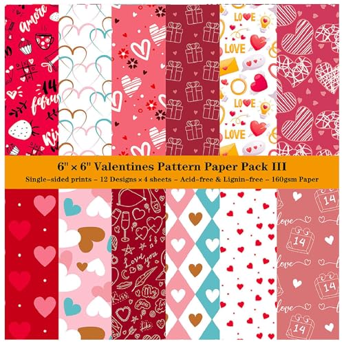 ZAKHSE Motivpapier Valentinstag, 48 Blatt Designpapier Liebe Herz Motive 15,2x15,2cm Einseitig Bedruckt Scrapbook Papier, 12 Designs, 160gsm Bastelpapier Muster für Scrapbook Kartenherstellung von ZAKHSE