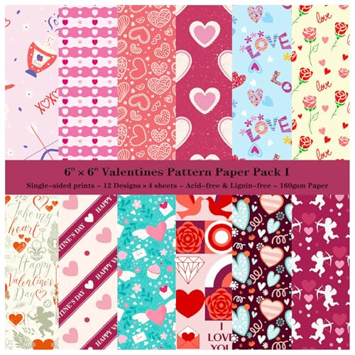 ZAKHSE Motivpapier Valentinstag, 48 Blatt Designpapier Liebe Herz Rose Blume 15,2x15,2cm Einseitig Bedruckt Scrapbook Papier, 12 Designs, 160gsm Bastelpapier Muster für Scrapbook Kartenherstellung von ZAKHSE