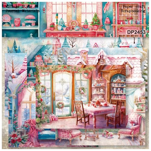 ZAKHSE Motivpapier Weihnachten, 24 Blätter Frohe Weihnachten Haus Druck Designpapier Einseitig Bedruckt Scrapbook Papier, 21×14,5cm Bastelpapier DIY Kartengestaltung Scrapbook Zubehör-8 Muster-Rosa von ZAKHSE