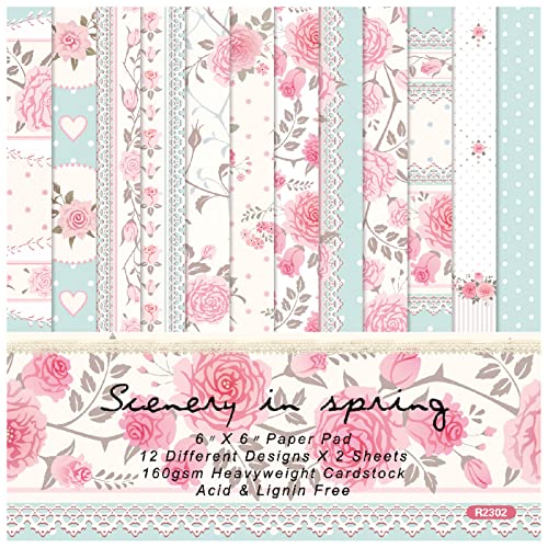 ZAKHSE Motivpapier mit Blumenmuster,48 Blätter Bastelpapier 15,2x15,2cm,Frühling Motive Designpapier,12 Designs,Einseitig Bedruckt 160gsm Dekorpapier Basteln Kartenherstellung Scrapbook Zubehör von ZAKHSE