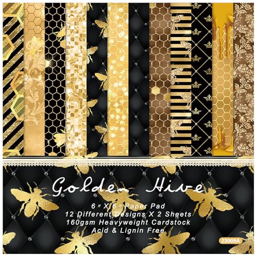 ZAKHSE Motivpapier zum Basteln, 48 Bögen Designpapier Einseitig Bedruckt 15,2x15,2cm, Gold Biene Bienennester Muster Scrapbooking Papier, 12 Designs, Bastelpapier Bunt DIY Handwerk Scrapbook Zubehör von ZAKHSE