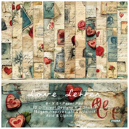 ZAKHSE Motivpapier zum Basteln, 48 Bögen Designpapier Einseitig Bedruckt 15,2x15,2cm, Liebesbrief Liebe Herz Muster Scrapbooking Papier, 12 Designs, Bastelpapier Bunt DIY Handwerk Scrapbook Zubehör von ZAKHSE