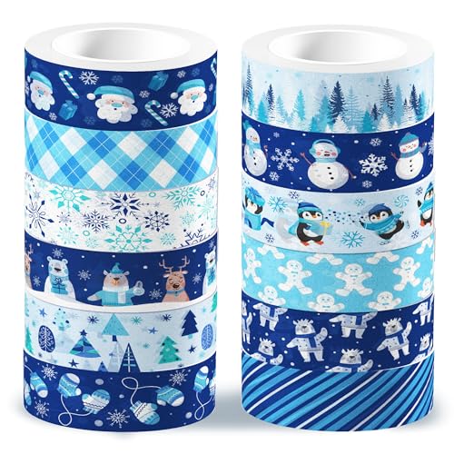 ZAKHSE Washi Tape, 12 Rollen 15 mm Washi Tape Set, Schneemann Schneeflocke Motive Dekorativ Masking Tape Blau Papier Klebeband zum Basteln, Dekoband Bunt für Handwerk Scrapbooking Journal-197 ft von ZAKHSE