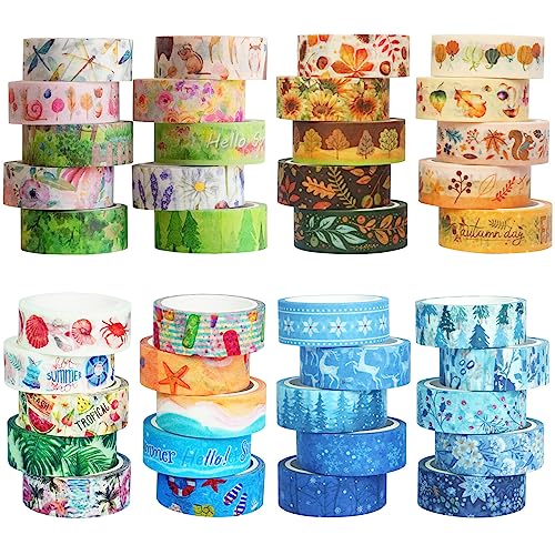 ZAKHSE Washi Tape 40 Rollen Frühling Winter Motive Washi Tape Set,15mm Dekoratives Klebeband,Schneeflocken Blumenmuster Klebebänder,220 Yards Bunt Bastelband Masking Tape DIY Journal Scrapbook Zubehör von ZAKHSE