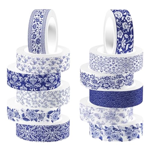 ZAKHSE Washi Tape Set, 12 Rollen Blaues und Weißes Porzellanmuster Masking Tapes, Breite 15mm, Klebeband Bunt Papierband Washitape, Dekoratives Klebeband zum Basteln, Dekoband für DIY Kunst Handwerk von ZAKHSE