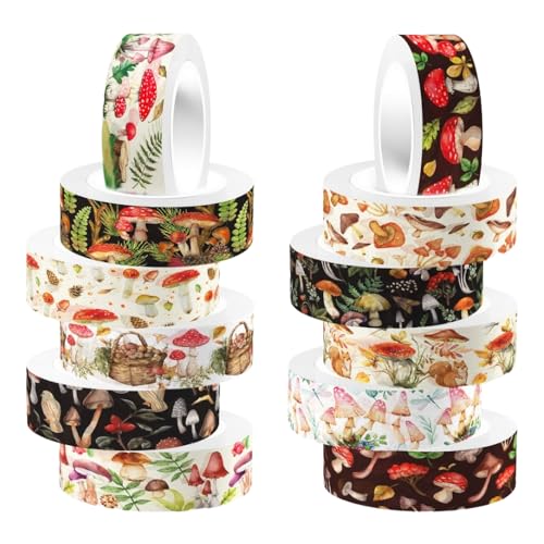 ZAKHSE Washi Tape Set, 12 Rollen Wald Pilze Motive Masking Tapes, Breite 15mm, Klebeband Bunt Papierband Washitape, Dekoratives Klebeband zum Basteln, Dekoband für DIY Kunst Handwerk von ZAKHSE