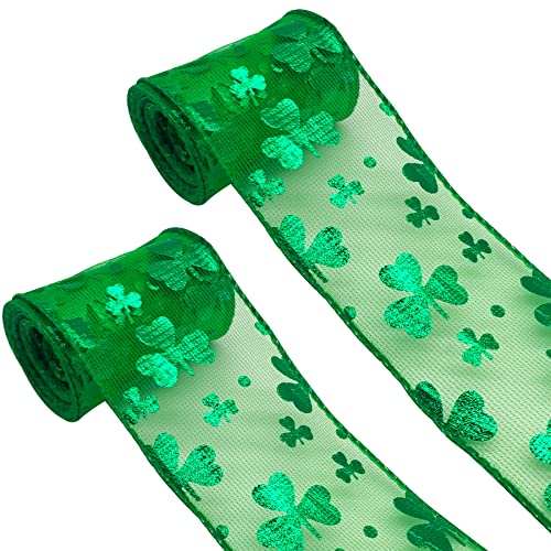 2 Rollen Kleeblatt-Band mit Drahtrand, 6,3 cm breit, St. Patrick's Day, grüne Stoffbänder für irische Festivals, Geschenkverpackungen, Kranz, Party-Dekoration, Bastelbedarf, 10 Meter von ZAKVOOR