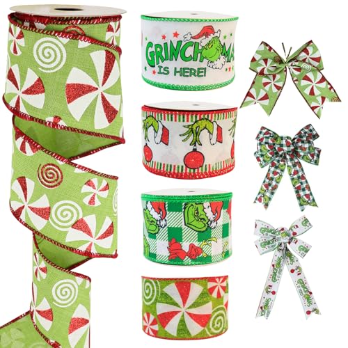 ZALHIN 4 Rollen Geschenkband Weihnachtsband, Weihnachten Bänder, Dekoband zum Weihnachtsdekor Basteln Geschenk Satinband Geschenk Bänder (1 Roll / 5 Yards) von ZALHIN