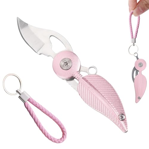 ZALHIN Rosa Feder Schlüsselanhänger mit Klappmesser - Schlüssel Dekoration, Selbstverteidigung Wekzeug für Frauen, Pocket Mini Messer Klappmesser, Taschenmesser, Messer Outdoor von ZALHIN