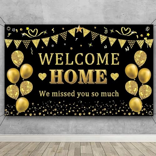 ZALHIN Welcome Home Deko Banner(72 X 43 Zoll) – Willkommen Zuhause Themen, Schwarz und Gold Farbe, We Miss You So Much, Welcome Home Baby, Neue Eltern, Familienparty Home Deko, Fotografie Hintergrund von ZALHIN