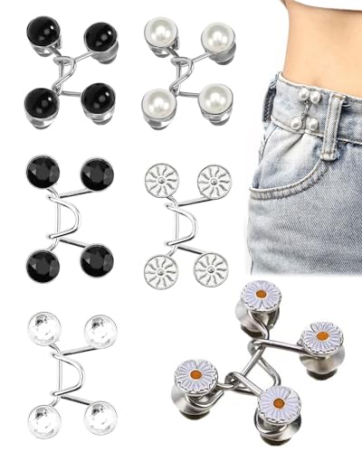 ZAMXHUG 6 Sets Pearl Jean Knopfnadeln, Verstellbare Nagelfreie Taillenschnallen Taillenschnallenverlängerung, Nähfreiknopf Button Pins Abnehmbarer Jeansknopf Hosen Clips für Hosen Jeans von ZAMXHUG