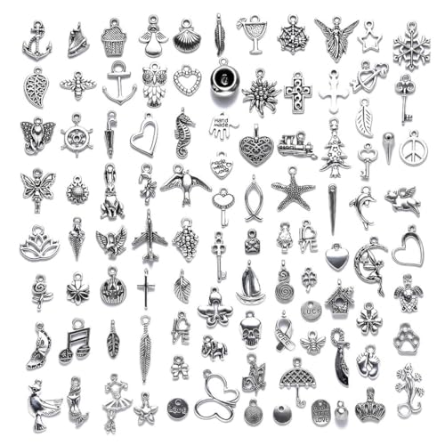 ZAMXHUG Charms Anhänger zum Schmuck - 100 pcs Metall Gemischte Charms zum Basteln，Armbänd Ketten Ohrringe Selber Machen, Gemischte Vintage Aesthetic Accessoires Halskette Making Zubehör Silber von ZAMXHUG