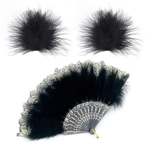 ZAMXHUG Fächer Federn Schwarz, Federfächer 1920er Handfächer Spitze Vintage Feather Fan, Feder Haarnadel, Spitzenfächer Fächer Feder 20er Jahre Accessoires Damen Kostüm Tanzen Show Hochzeit Karneval von ZAMXHUG