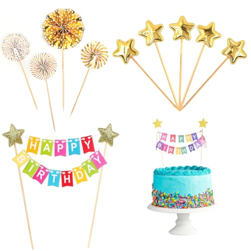 ZAMXHUG Kuchen Topper Bunting - Alles Gute zum Geburtstag Tortendeko Set, Regenbogen Kuchen Dekorationen, Golden Sterne Papierfächer Tortendekoration, Banner bunt für Geburtstagsfeier(10pcs) von ZAMXHUG