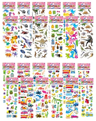 ZAMXHUG Sticker - 24 Bogen 3D Aufkleber für Kinder & Kleinkinder, Geschwollen Stickers Niedliche Verschiedene Set für Jungen Mädchen Lehrer,Tier, Auto, Schmetterlinge, Dinosaurier und vieles mehr von ZAMXHUG