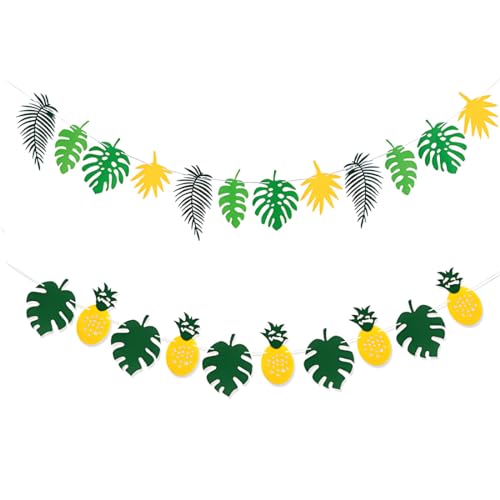 ZAMXHUG Tropische Blätter-Banner Girlande - 2pcs Palmblätter Ananas Girlande, Kindergeburtstag Dschungel Hawaii Gartenparty Sommerparty Deko, Wiederverwendbare Sommer Dschungel Geburtstag Dekoration von ZAMXHUG