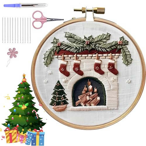 ZANWANXIN Christmas Embroidery Kit, Hand DIY Embroidery Stamped Kit, DIY Adult Cross Stitch Kit, Adults Beginners Embroidery Starter Kit (Fireplace) von ZANWANXIN