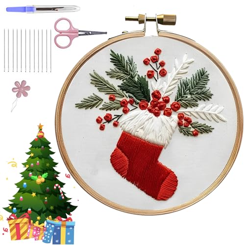 ZANWANXIN Christmas Embroidery Kit, Hand DIY Embroidery Stamped Kit, DIY Adult Cross Stitch Kit, Adults Beginners Embroidery Starter Kit (Stocking) von ZANWANXIN