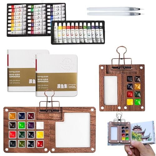 ZANWANXIN Pocket Artist Watercolor Travel Set, Portable Palette, 8 Grids Wooden Travel Paint Palette, Sketchbook Palette Pocket Travel Paint Tray Box Metal Clip, Watercolor Pen (Mix) von ZANWANXIN