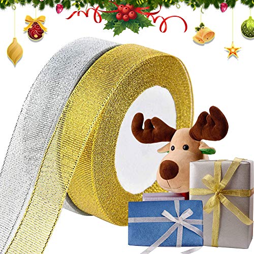 2 Rollen Weihnachten Geschenkband Satinband, Weihnachtsbänder Schleifenband Ripsband zum Geschenk Verpackung, Breit Gold Silber Dekoband Organzaband für Hochzeit Weihnachten Basteln Deko (2cm, 50Yard) von ZAWTR